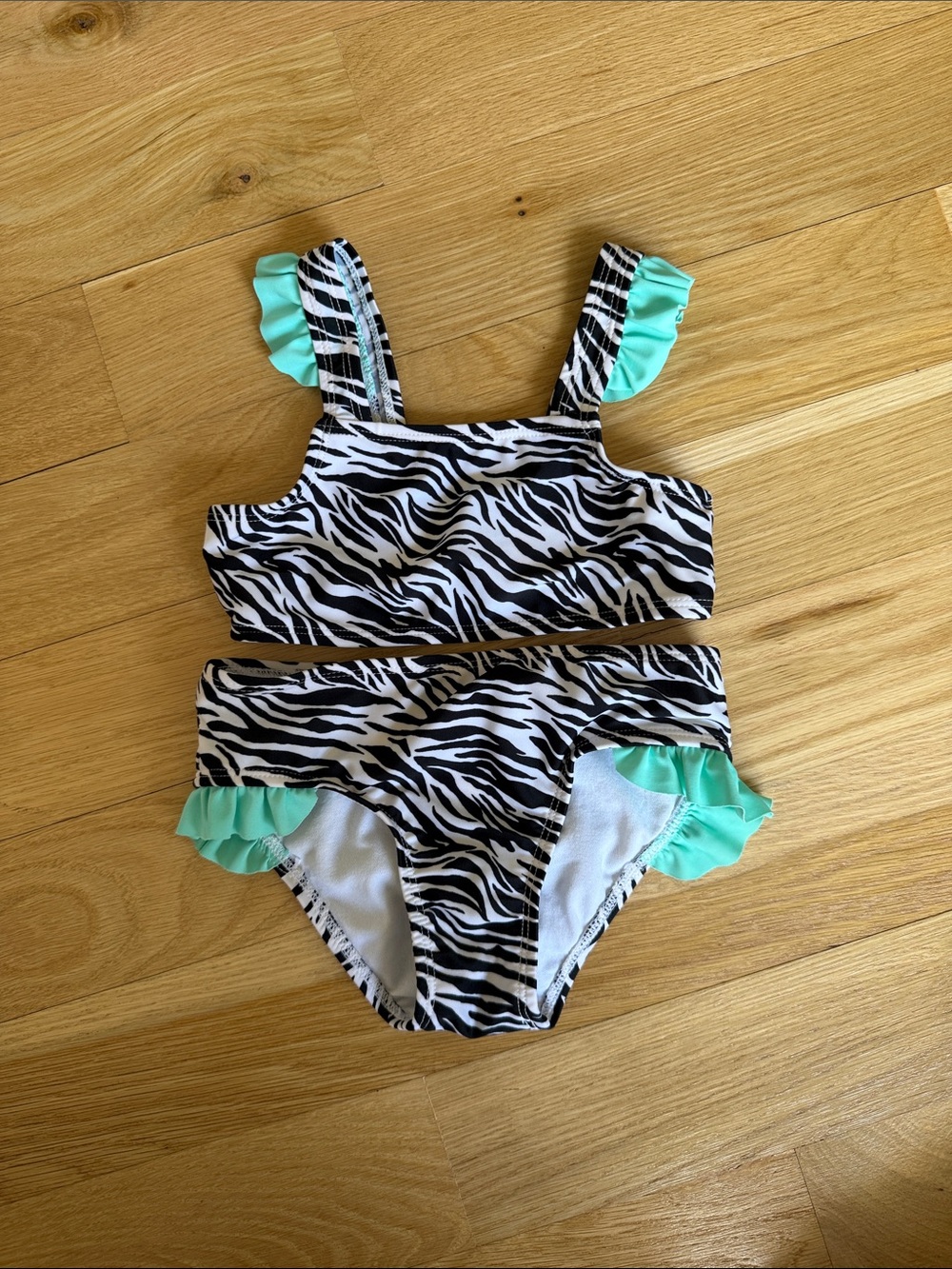wonder nation Black & White Zebra Print Two-Piece Bikini with Mint Ruffles